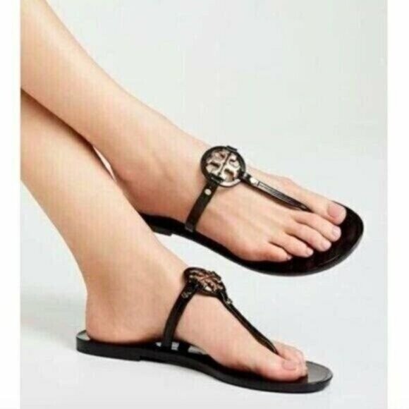 Tory Burch Mini Miller Womens Thong Flat Sandal Black Rubber Gold Logo US 7 - Picture 1 of 9